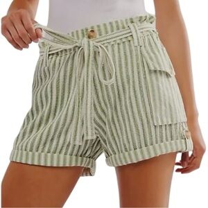 Free People One Harriet Cotton Striped Shorts Green Cream Size L NWOT